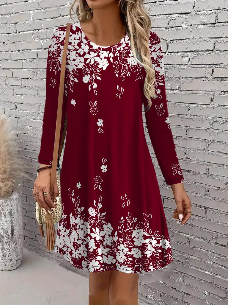 Retro Floral Pattern Casual Dress, Women's Autumn Long Sleeved Round Neck Casual Mini A-line Dress Vestidos De Mujer