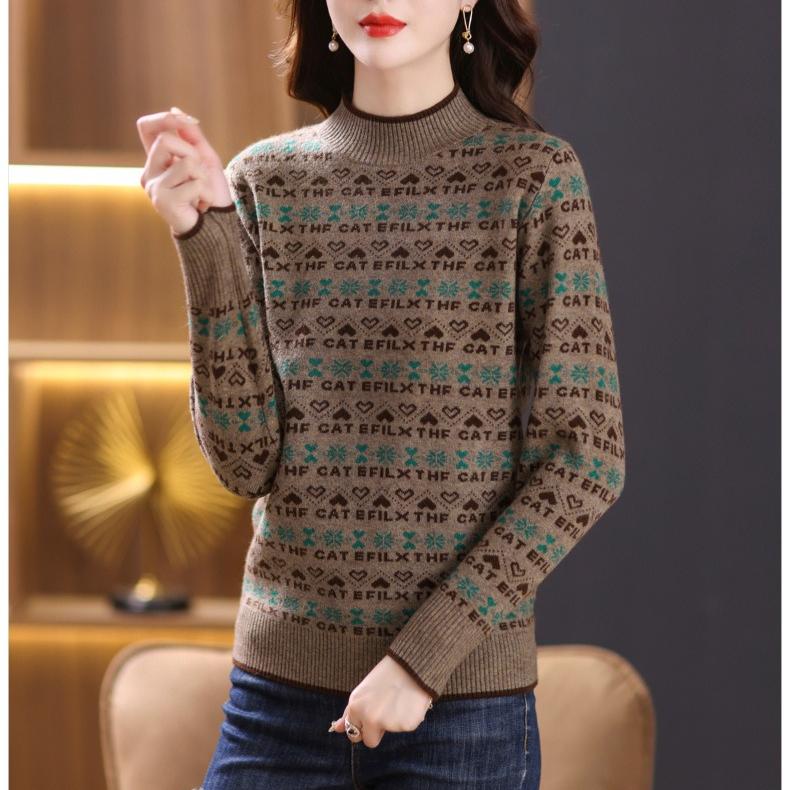 Women's Sweater Autumn and Winter Jacquard Casual Pullover Long-sleeved Loose Half Turtleneck Knitted Sweater