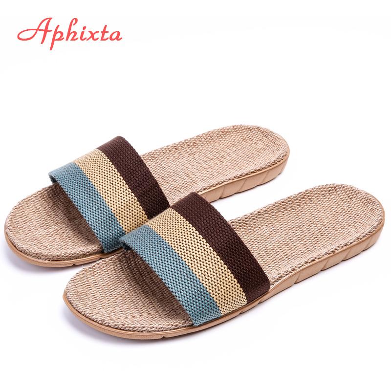 Aphixta Women Slippers Men Flax Indoor Slids Flat Heel Summer Bedroom Slippers Gingham Flax Home Female Male Shoes W