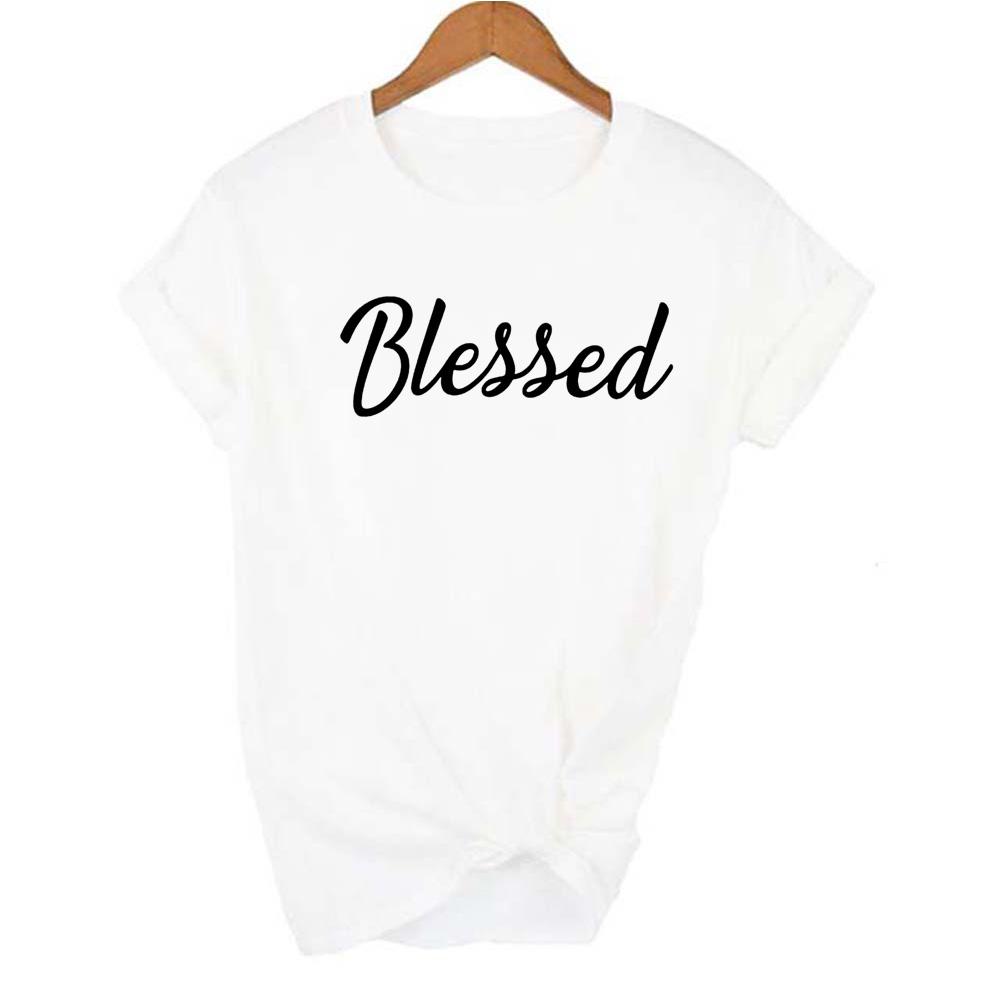 Blessed Letters Print Women Tshirt With Inscriptions T Shirts Vintage Top Tee Fashion Female Harajuku