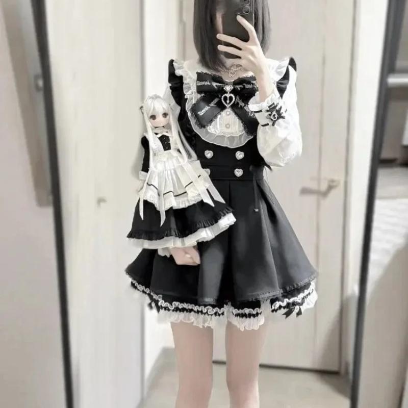 Japanisches Y2-Ästhetik Vintage Schleife Kleid Shorts Set Damen Gothic Lolita Stil Langarm Hemdkleid Elegantes Partykleid Anzüge L schwarz