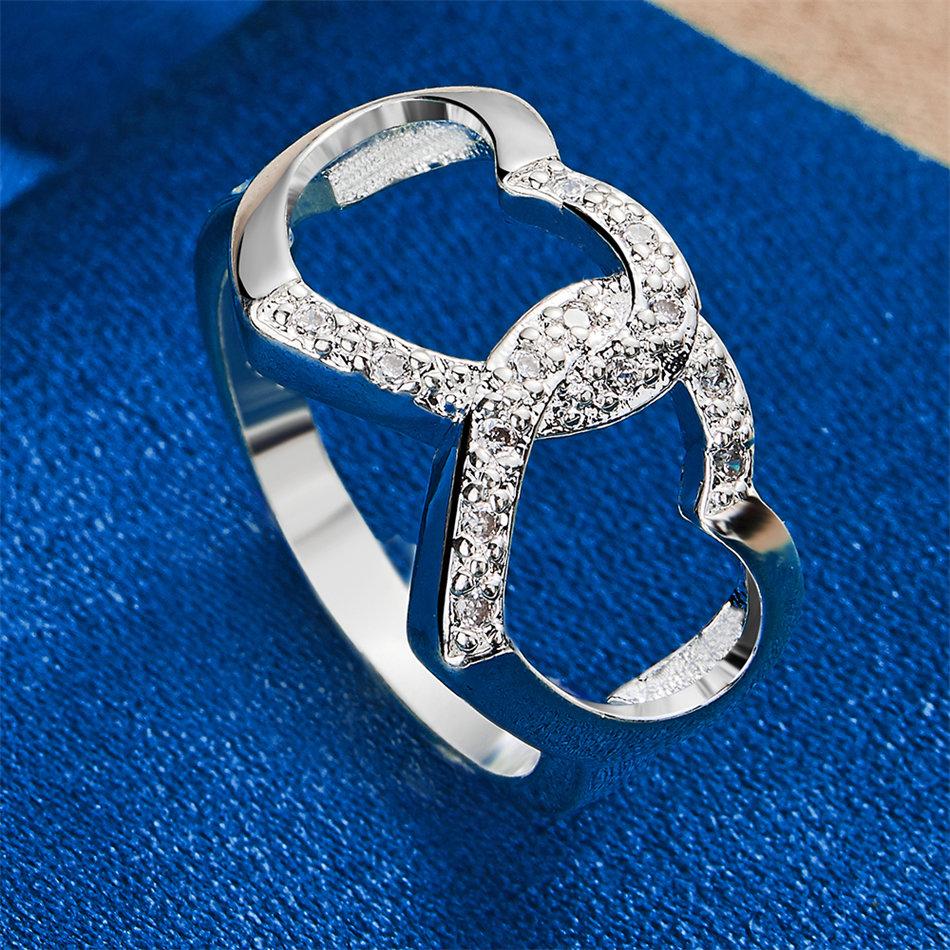 1 Piece of 925 Sterling Silver 7-10 Exquisite Twin Heart Zircon Ring, Fashionable Women's Wedding Gift Accessory Jewelry