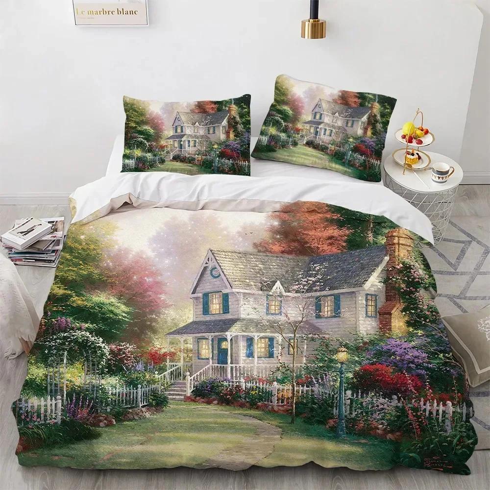 Beautiful Painting House Tree Comfortable Duvet Quilt Cover Pillowcase Bedding Set Children Bedroom Decoration Home Textile
