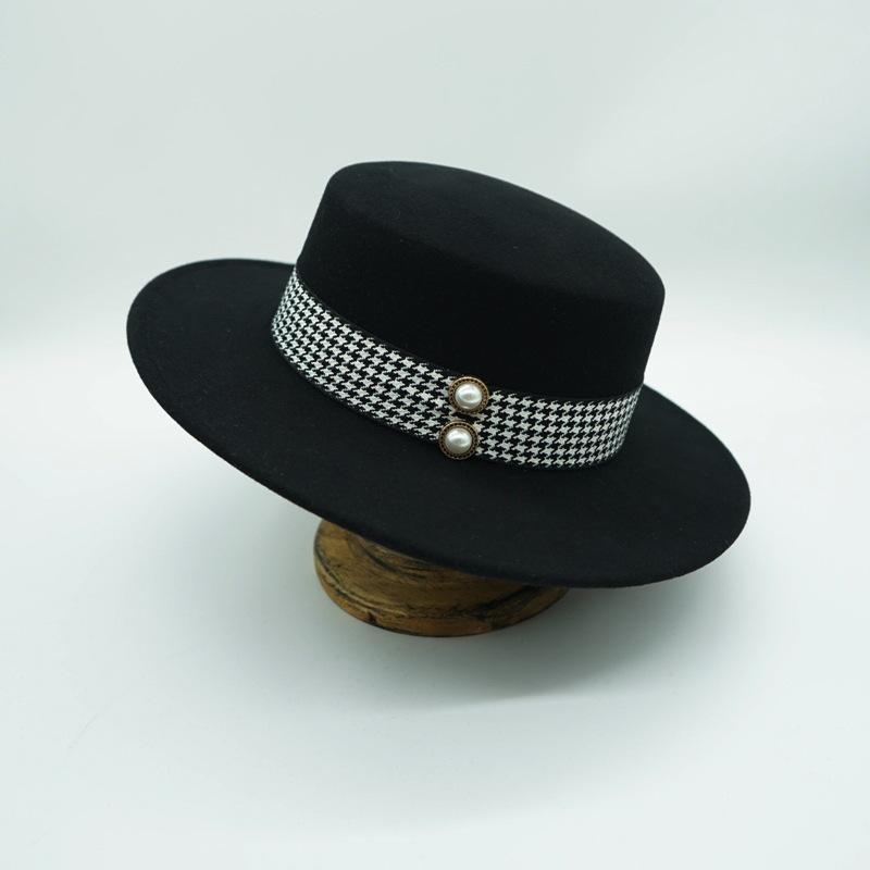 French Vintage British Versatile Thousand Birds Black Camel Red Wool Flat Top Hat Female Autumn And Winter Celebrity Felt