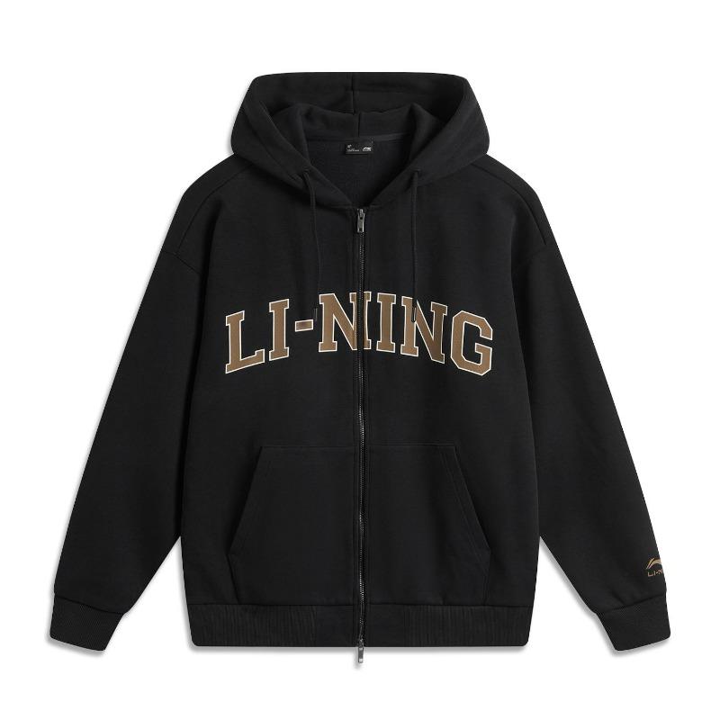 Li Ning Weekend Youth Infrared Warm Antistatic Antibacterial Versatile Casual American Vintage Logo Hooded Fleece Warm Cardigan Sweatshirt AWDUA11-6
