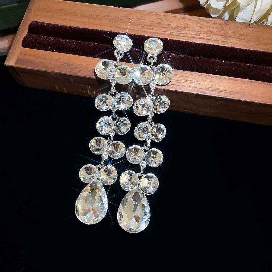 Silver Needle Rhinestone Water Drop Tassel Earrings - Geometric, Luxurious, and Exquisite Statement Accessories.