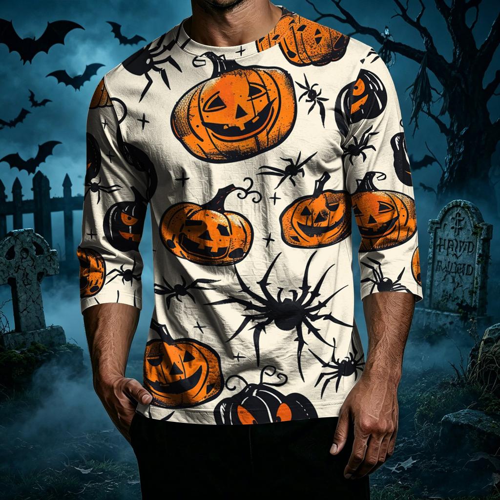 Men's Halloween Print Casual T Shirt 3 4 Sleeve Crew Neck Top Lightweight Comfortable Fit Seasonal Graphic Tee