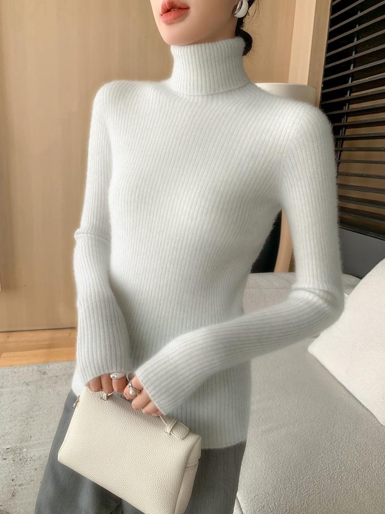 Women's Seamless Cashmere High-Neck Ribbed Sweater, Slim Fit, Body-Shaping, Slouchy Neck, Knit.