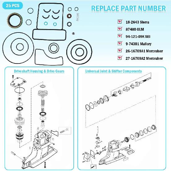 For Mercruiser Bravo Upper Seal Kit 18-2643 Bravo 1 2 3 X XR XZ Blackhawk Stern Drive Replace # 26-16709A2 18-2643
