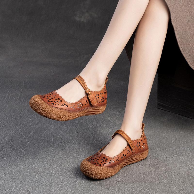 2026 Summer Retro Hollow Out First Layer Cowhide Comfortable Roman Sandals Women Shoes