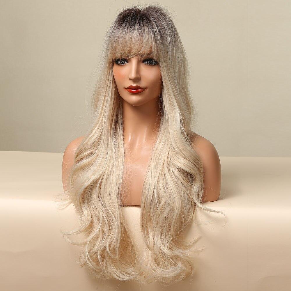 Ombre Kahverengi Açık Sarışın Uzun Dalgalı Saç Peruk Patlama ile Cosplay Günlük Sentetik Peruk Kadınlar için Isıya Dayanıklı Fiber