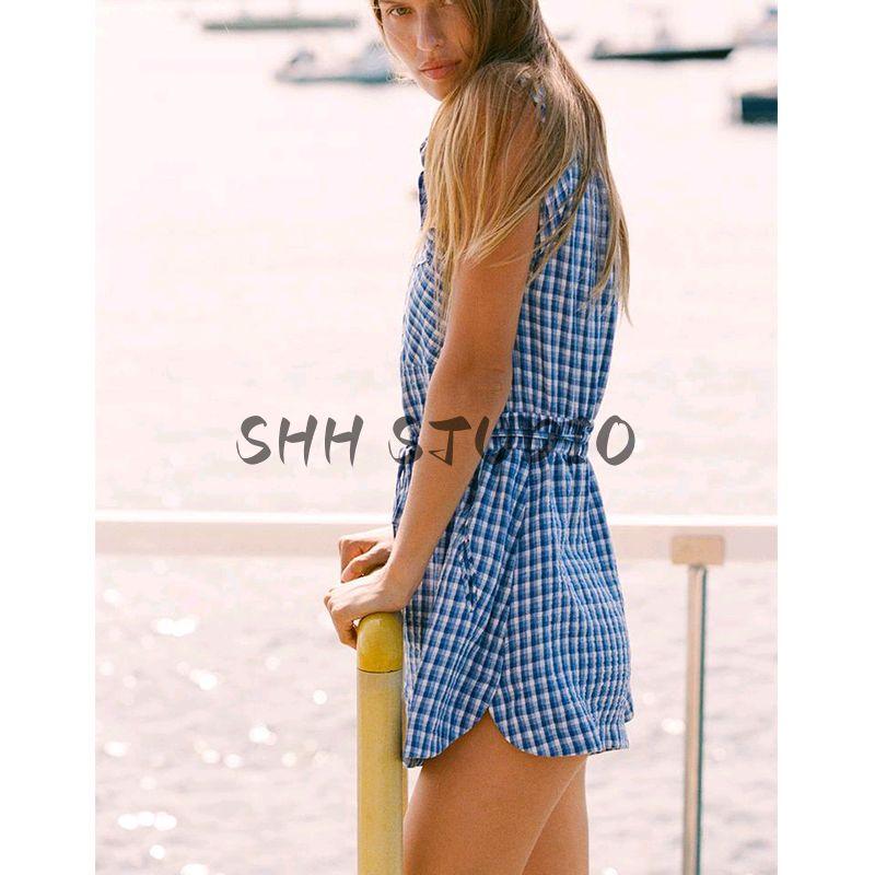 Spring and Summer Women's Clothing Fashion Style Curling Sleeves Plaid Minimalist Sleeveless Lapel One-Piece Shorts 3075867