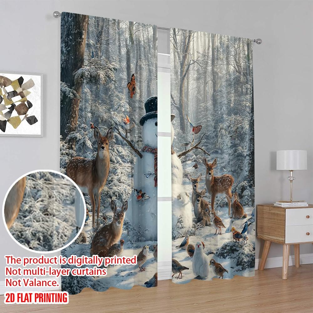 2 Stück, 2D-Flachdruck Vorhang Beliebter Schneemann & Wildtiere Winter Vielseitig Langlebig Polyester (ohne Stange) Zimmerdeko Verwendung für