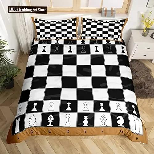 Internationell Schack Påslakanset Svart Vitt Rutigt Schackbräde Täcke Örngott Tävlingsspel För Pojkar Tonåringar Sängklädesset