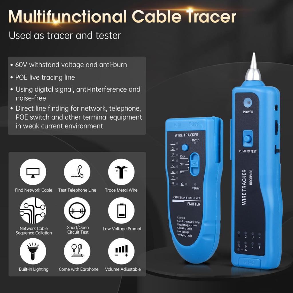 Cable Tracer Ethernet Network Cable Tester RJ45 RJ11 - Wire Toner Tracker CAT5 CAT6 Continuity Tester - Tone Generator and Probe Kit Telephone Line