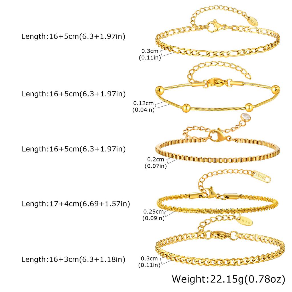 PVD Gold Plated Bracelet Women, Stackable Chain Bracelets, Stainless Steel Adjustable Waterproof Dainty Layering Jewelry