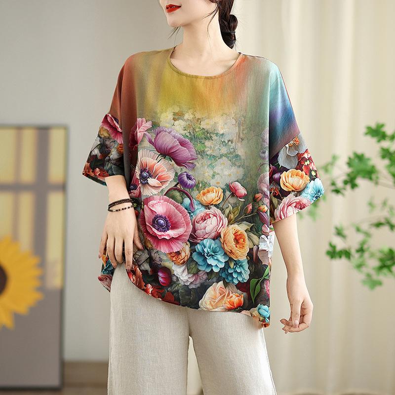 1116 Large Size Retro Cotton and Linen Printed Half-sleeved T-shirt Women's Summer Loose Fat Mm Belly Covering and Thin Foreign Style Top