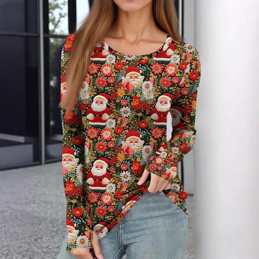 Women's Winter Slim Bottom T-shirt Fashion Casual Gradient Printing Round Neck Pullover Long Sleeve Top