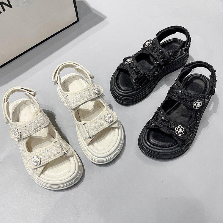 2025 Summer New Xiaoxiangfeng Velcro Rhinestone Roman Sandals Women's Fashion Outer Wear Platform Casual Beach Women's Shoes