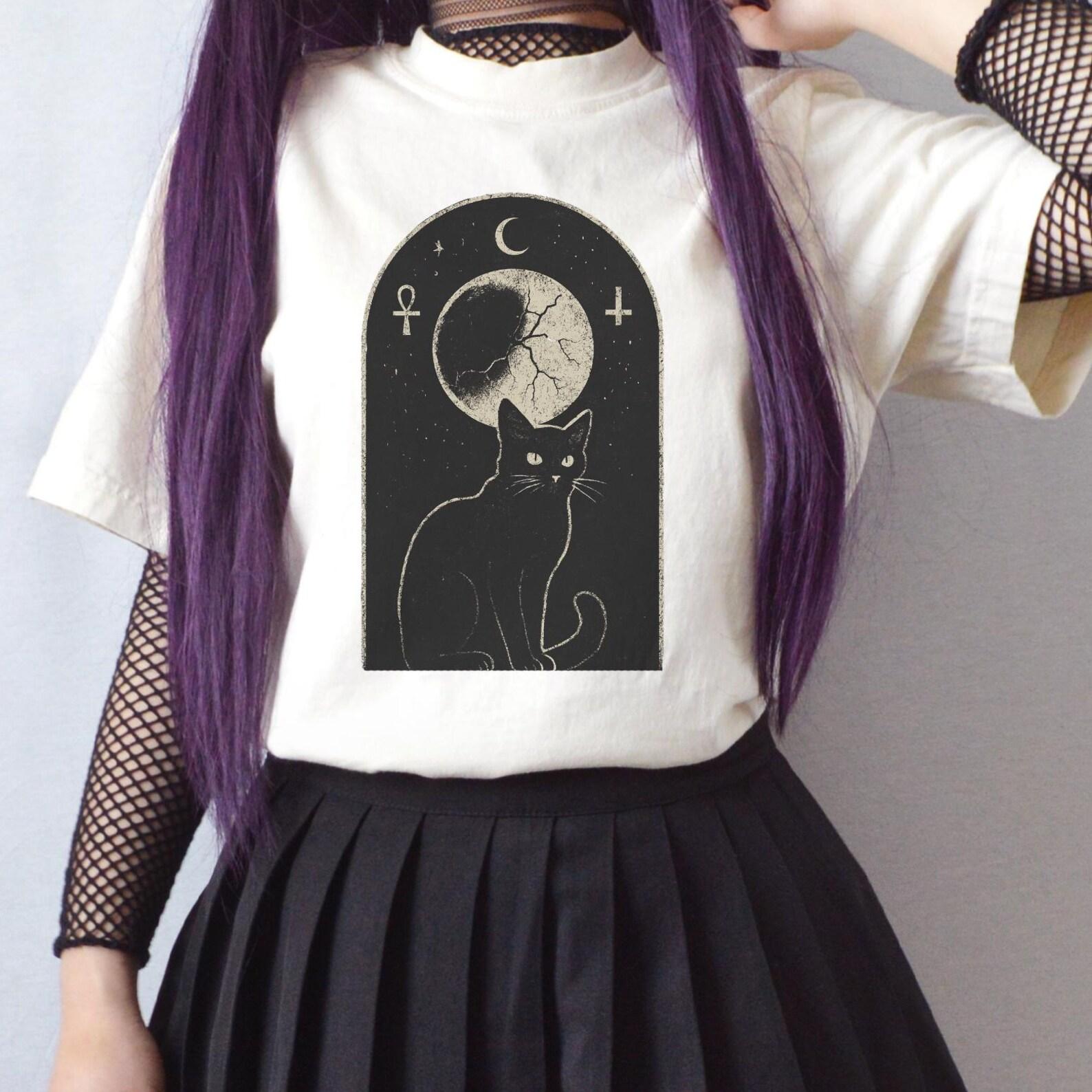 Witchy Black Cat T-Shirt: Gothic Occult Moon Graphic Tee XL