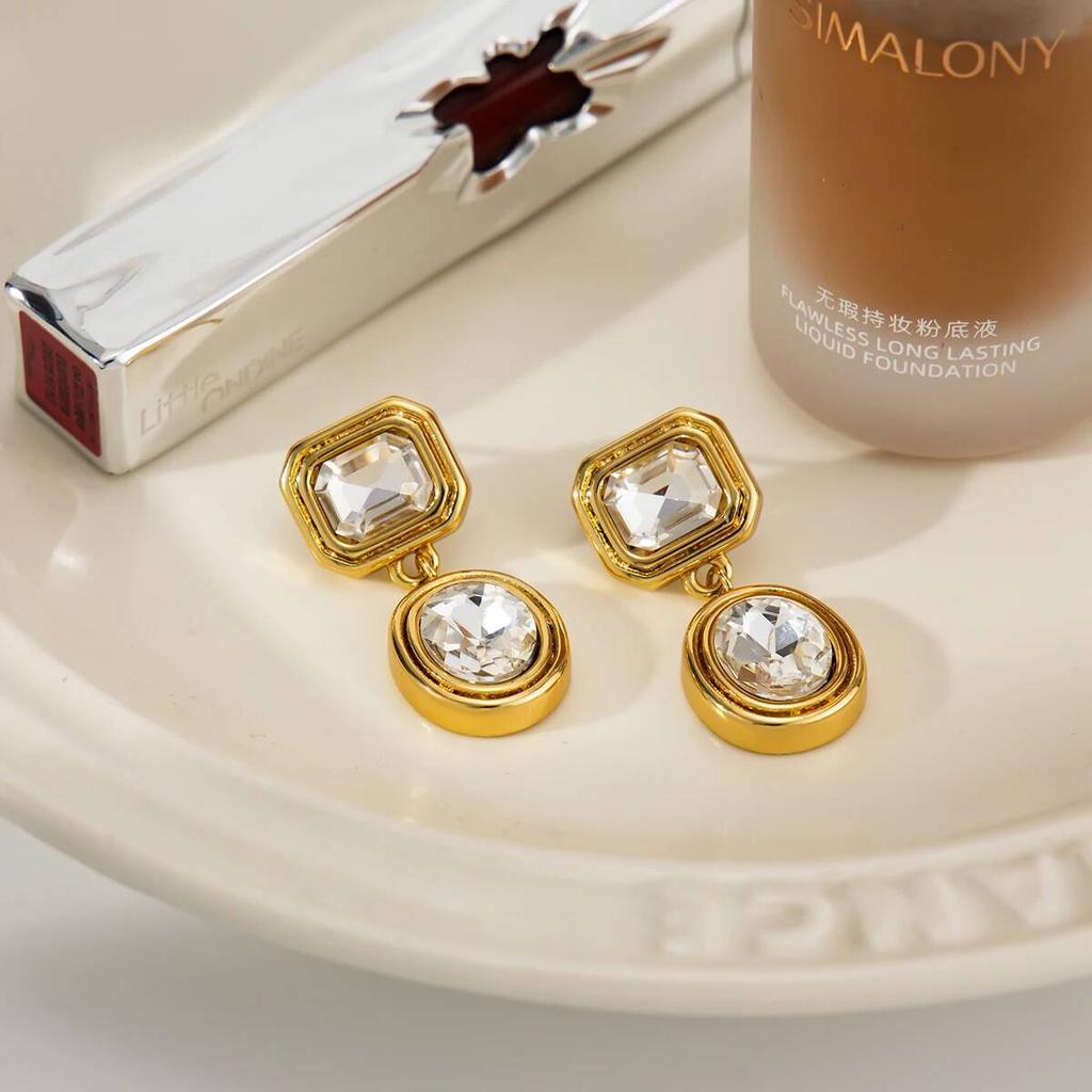 Salircon 2026 New Exquisite Shiny Big Rhinestones Stainless Steel Drop Earring Women 18K Gold Plated Square Oval Pendant Jewelry