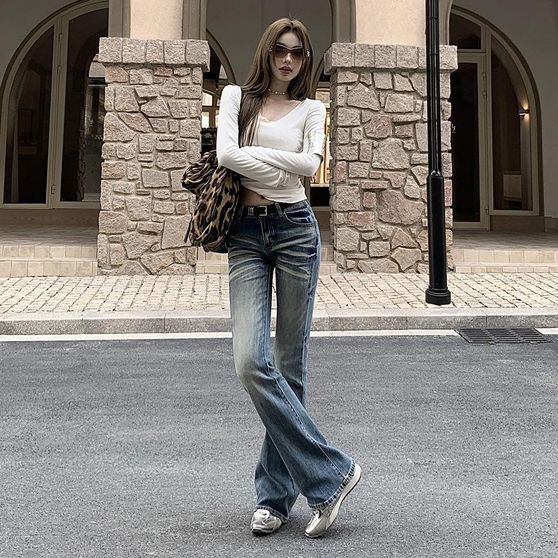 American low-rise micro-flared jeans for women's autumn and winter new elastic straight tube without leg-sticking flared pants Yichun