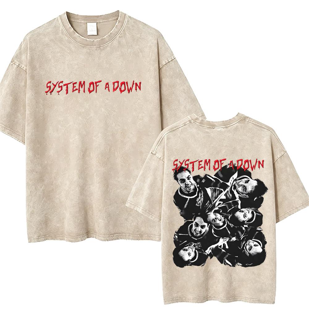 T-shirt Vintage Lavé System Of A Down Homme Rétro Rock Metal T-shirts Oversize Homme Décontracté Coton Haute Qualité