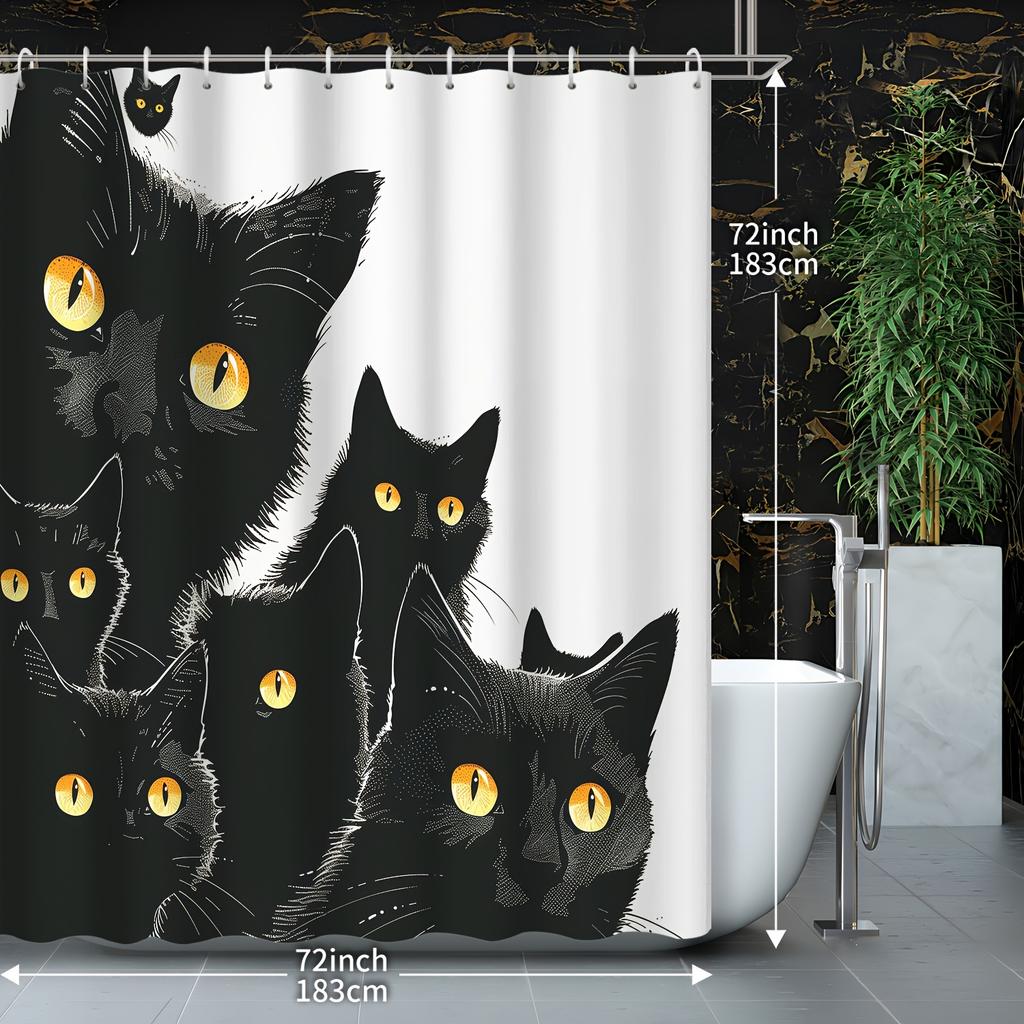 1pc Halloween Home Decor Abstract Art Cartoon Animal Black Cat Shower Curtain, 12 Hooks Shower Curtain, Bathroom Decoratio