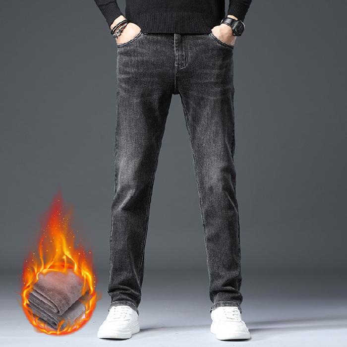 2024 Podzimní A Zimní Nové Teplé A Plyšové Silné Rovné Nohy Elastické Džíny Pro Mužskou Mládež Rovné Nohy Pánské Džíny Trend