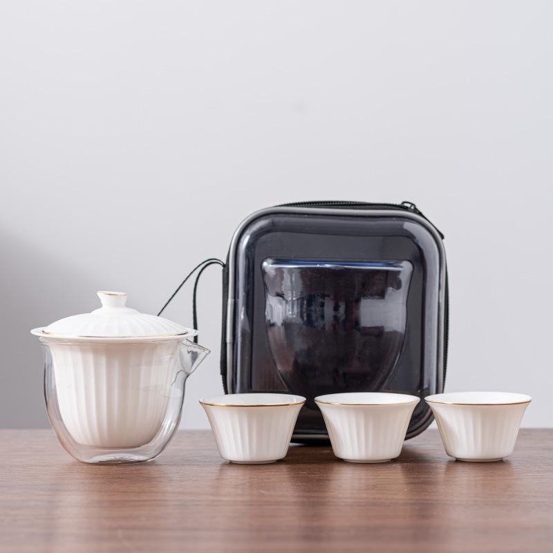 

Suet jade white porcelain outdoor portable travel tea set Kuaike cup one pot three cups gold-painted gifts wholesale cover bowl