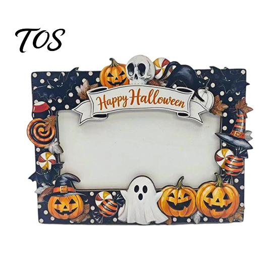 Indoor Holiday Table Decor Halloween Wooden Photo Frame, Pumpkin Ghost Cat Cutout Picture Autumn Tabletop Decoration Holder, Double-sided for