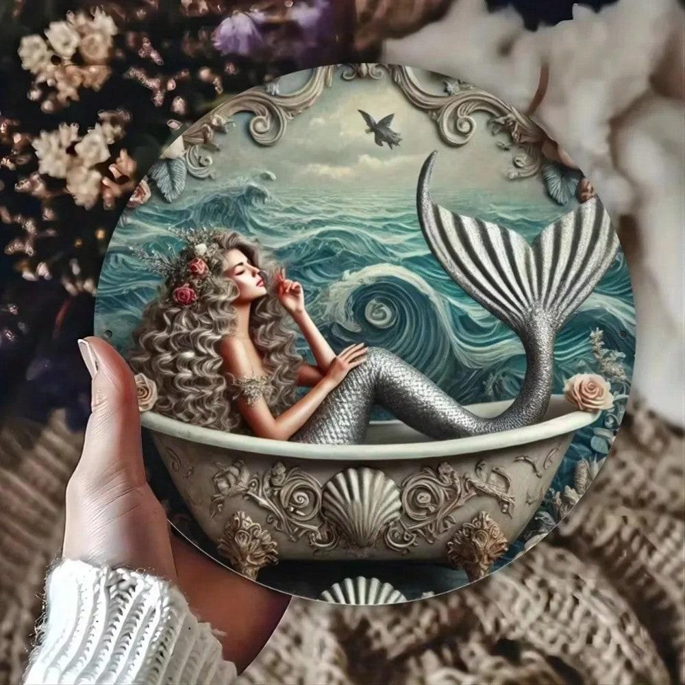 MermaidOceanPro 1PC Waterproof Metal Round Wall Art Nautical Coastal Ocean Home Decor
