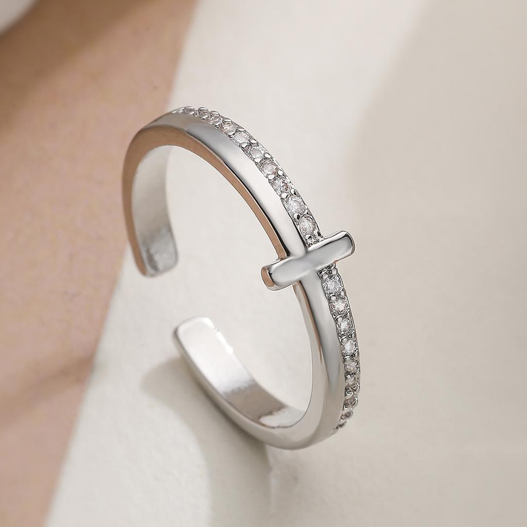 Brass Cross Zircon Open Cuff Ring Dainty Adjustable Stackable Ring Minimalist Religious Women Daily Finger Jewelry