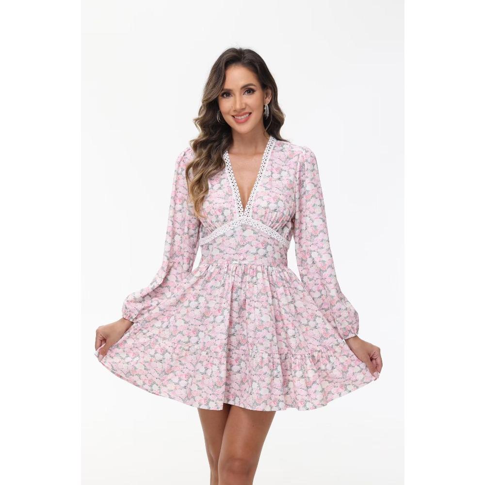 Damen V-Ausschnitt Dreiviertelarm Minikleid A-Linie Hohe Taille Süßer Blumendruck Lässiges Sommerkleid