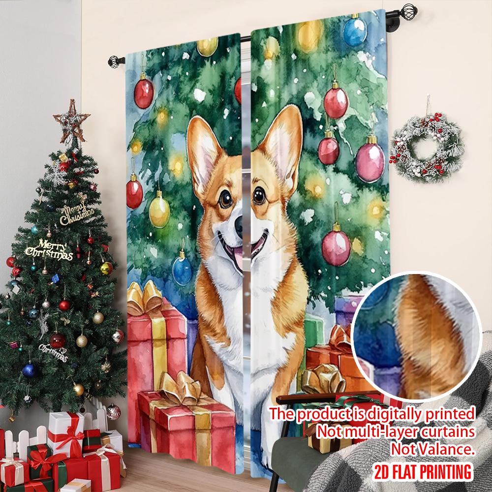 2pcs 2D Flat Printing Christmas Curtains Christmas Cute Dog Durable 100% Polyester Fabric Without Electricity Versatile Use for