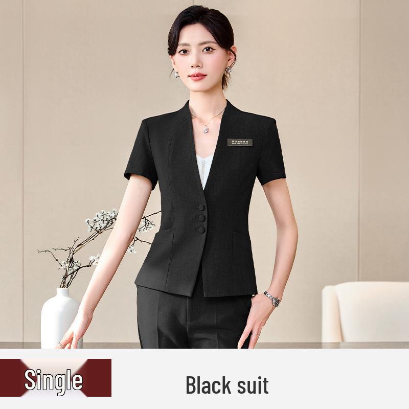 Women's Blue Short-Sleeve Professional Suit Set for Hotel Manager or Receptionist - Spring/Summer Formal Workwear