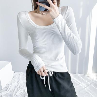 Weich, Wachsartig, Hochelastisch und Feine Baumwolle Herbst Neu U-Ausschnitt T-Shirt Damen Langärmlig Slim-fit Oberteile und Unterziehshirts