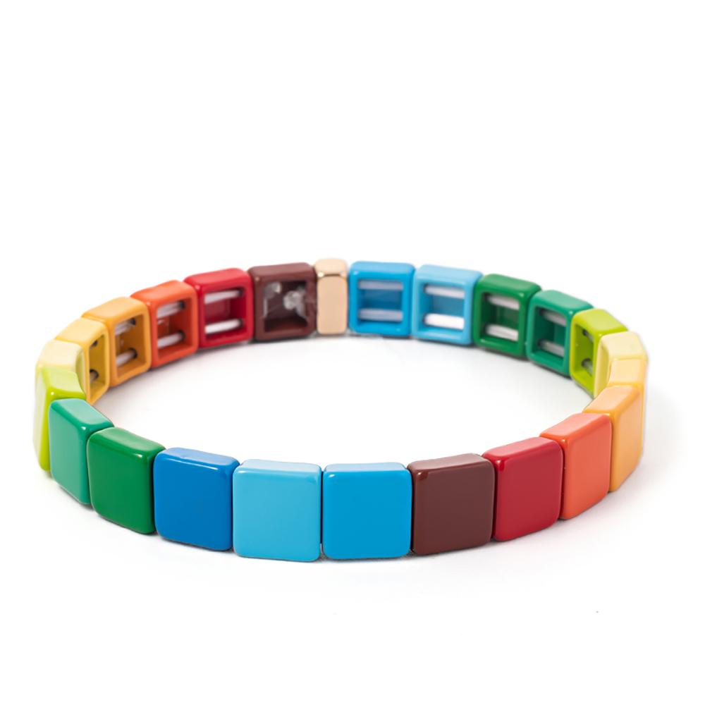 New Fashion Deil Eye Enamel Bangle for Women Colorful Beaded Boho Rectangle Shape Hand Accessory