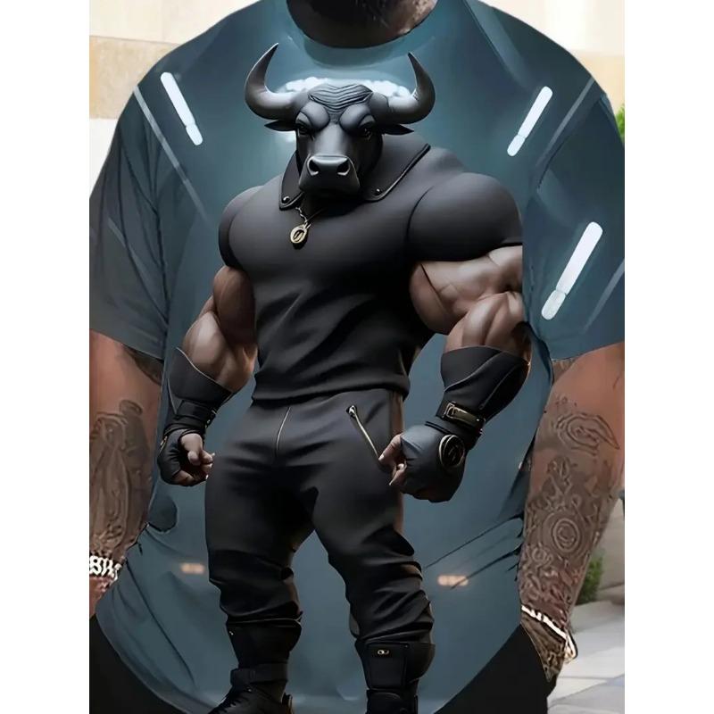 Summer Round Neck 3D Funny Bull Graphic Print Top Fashionable Casual Short Sleeved Men's T-shirts
