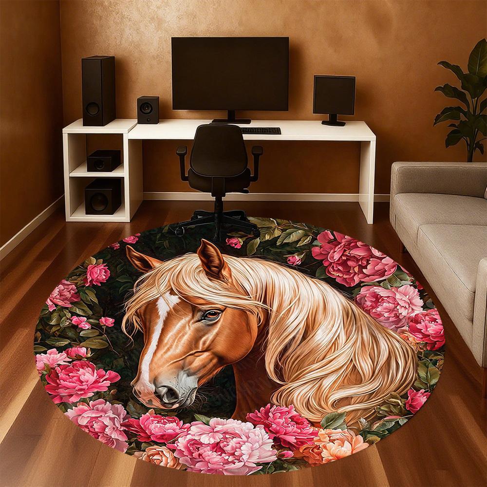 1 Stück Pferd Blumen Büro Runder Teppich, Unter Bürostühlen Schlafzimmer Wohnzimmer Heimdekoration, Teppich für Büro -1110119