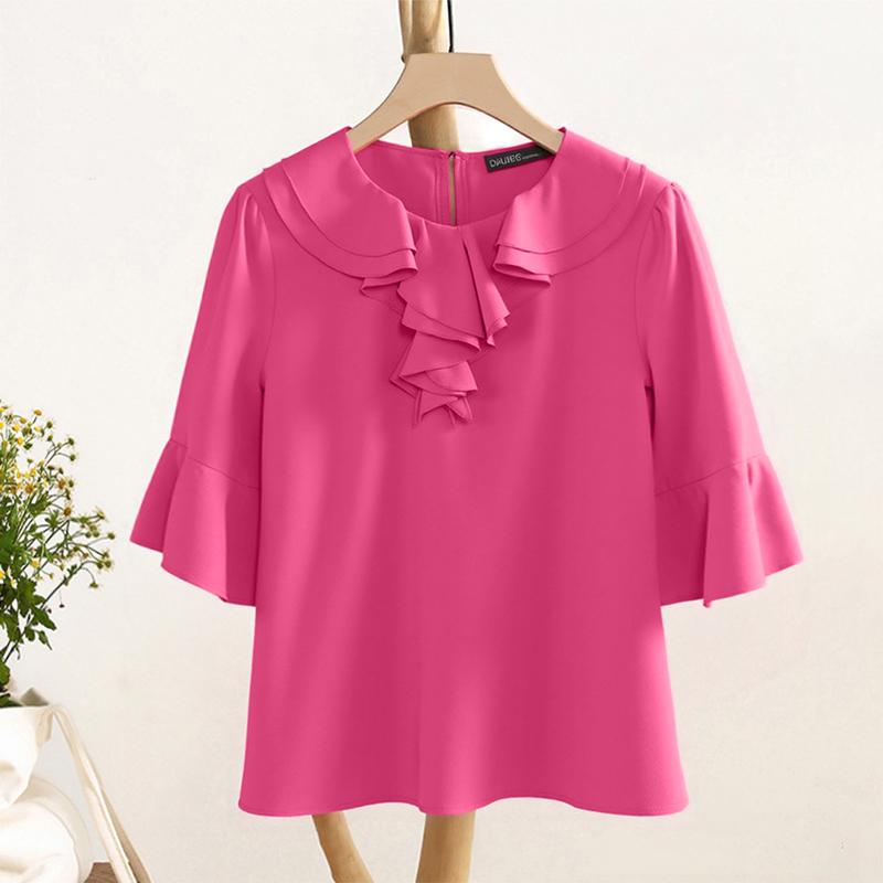 

ZANZEA Women Casual Ruffle Collar Loose 3/4 Sleeve Blouse S темно-рожевого кольору