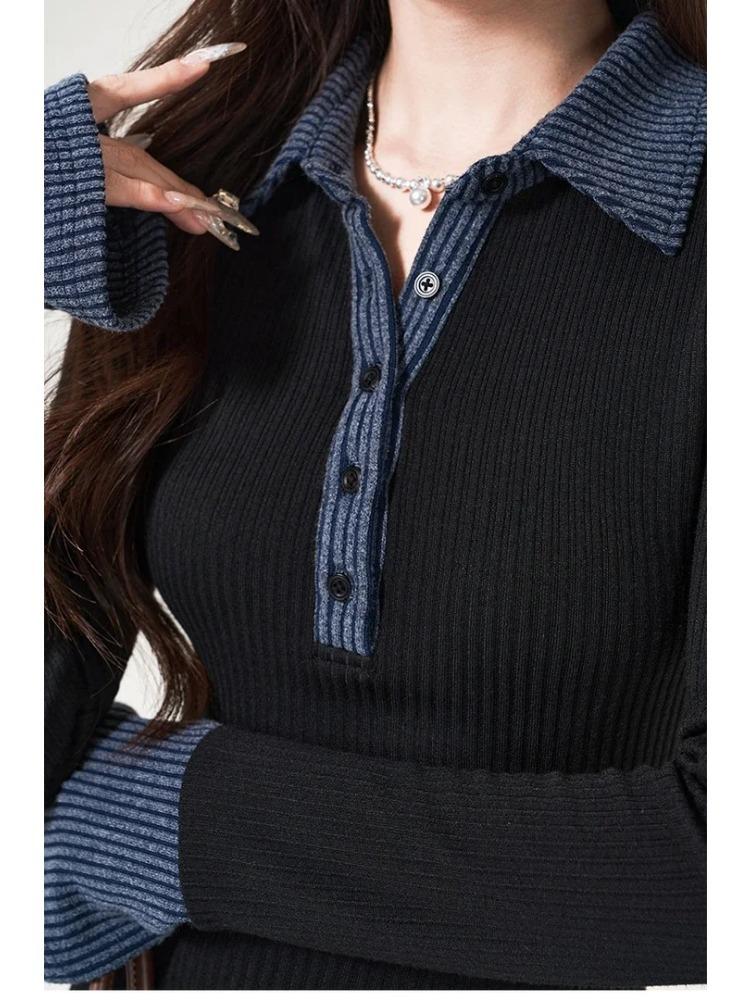 Korean Contrasting Color Lapel Long-sleeved Knitted Dress New Style High-end Waist Slimming Inner A-line Long Skirt for Women