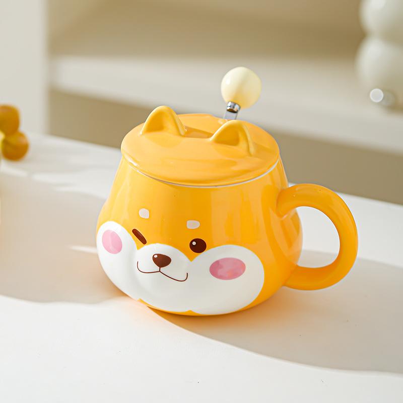 Roztomilý keramický hrnek na vodu Super roztomilý Shiba Inu Kreativní hrnek na vodu s víčkem Vysoký vzhled Narozeninový dárek Pár Domácí kancelářský hrnek