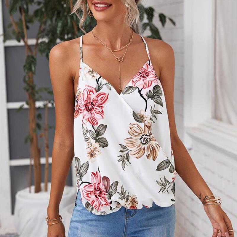 Kvinner V-hals Floral Tank Tops Dame Sommerferie Uformell Løs Vest T-skjorte