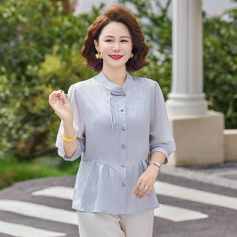 

Stylish Seven-Sleeve Plus Size Shirt for Mature Women 2XL (for 100-115 jin) світло-синій колір