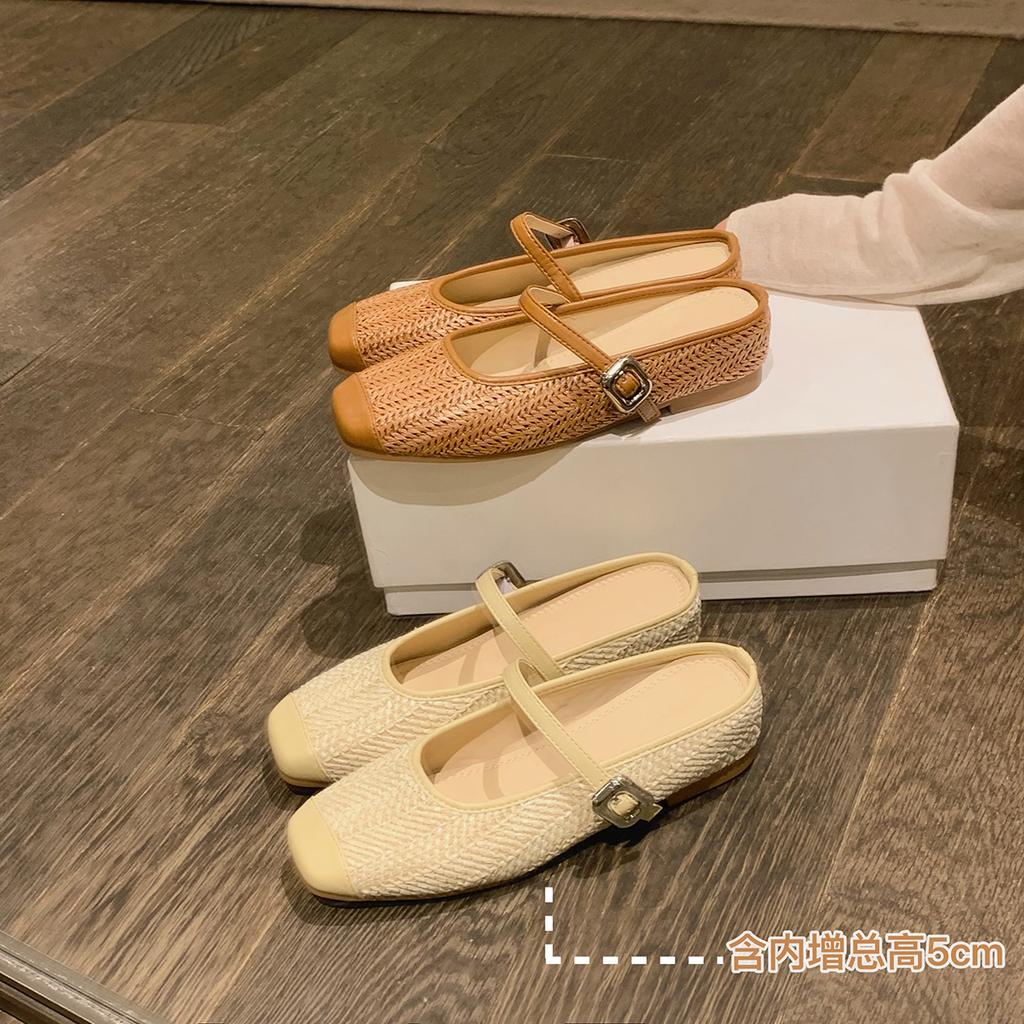Lan Cabinet, Inner Height Increase of 5cm~ Flat-bottomed Holiday Style Straw Woven Square Head Cool Slippers Lazy Half Slippers Women Wear Summer