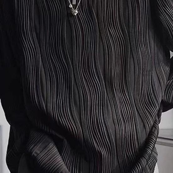Men Fall Spring Top Water Wave Texture Round Neck Long Sleeve Oversized Solid Color Loose Pullover Hip Hop Streetwear Mid Length Men Soft T-shirt