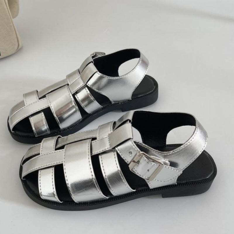 Fashion Summer New Baotou Sandals Women Fashion Round Head Knitted Metal Buckle Soft Sole Anti-slip Wear-resistant Flat Shoes