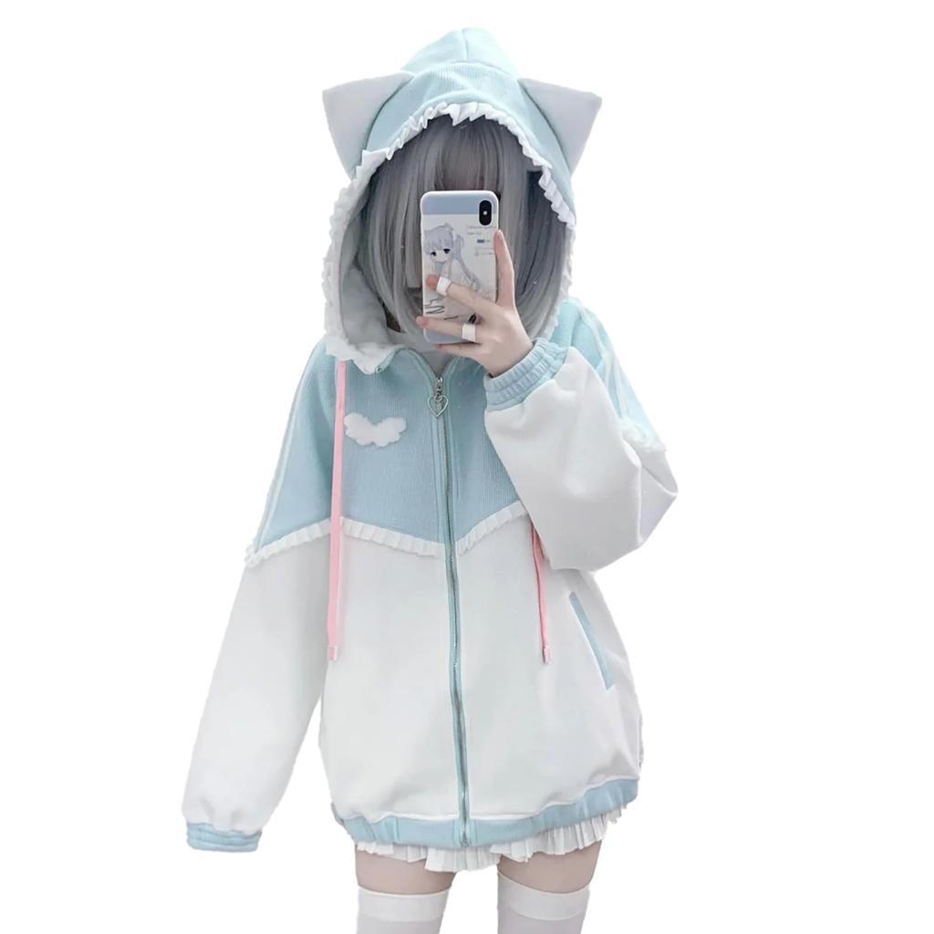 Lilikakoi Cat Ear Hoodie with Ears and Angel and Feather Cute Cat Ear Loose Light Blue Color Y2K Angel Harajuku Women's Frills, Wings, Pattern,