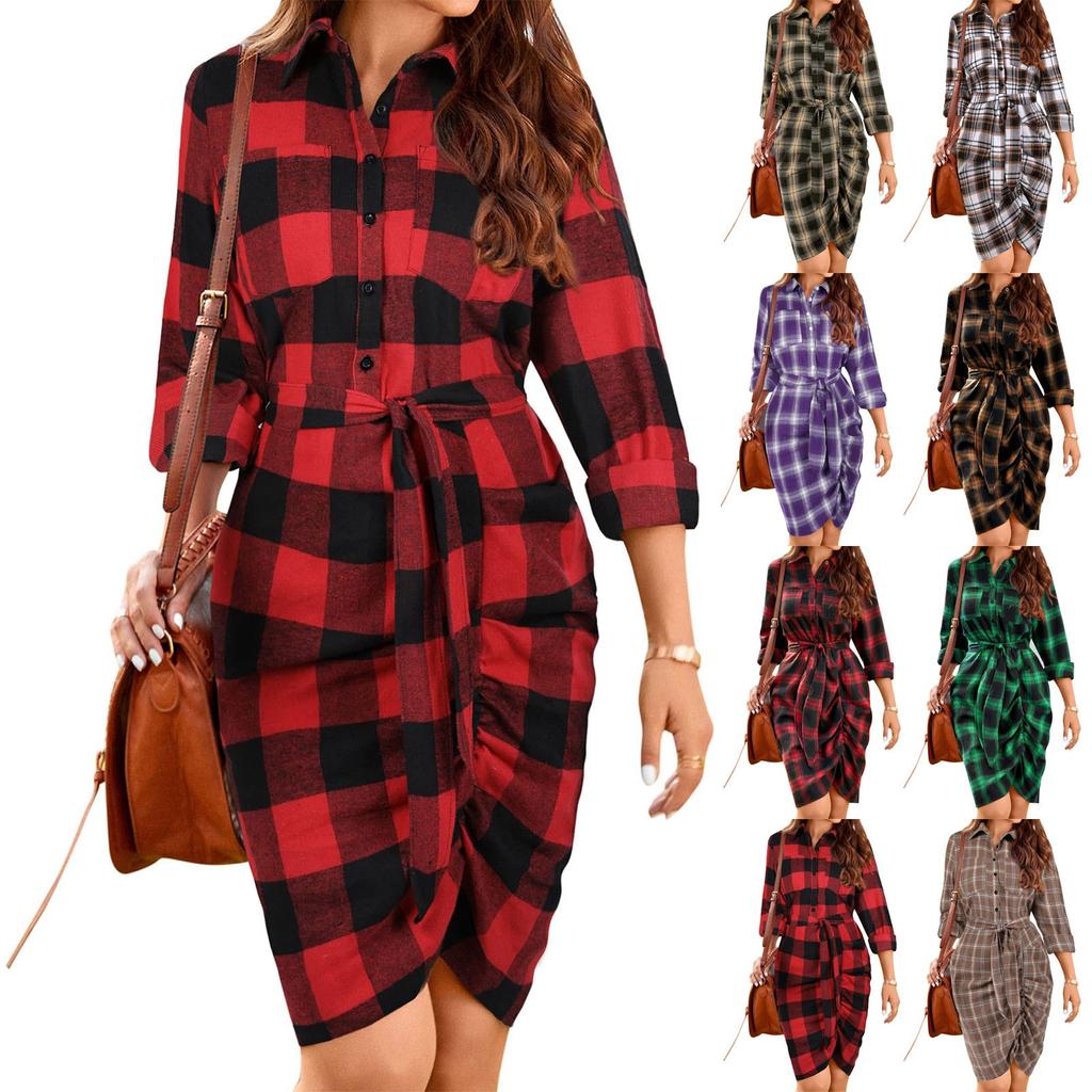 Women's Fashion Casual Tie Waist Shirt Long Sleeve Lapel Short Skirt Plaid Dress